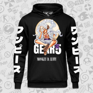 هودی مشکی One Piece طرح Gear 5 sitting on Text