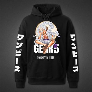 هودی مشکی One Piece طرح Gear 5 sitting on Text
