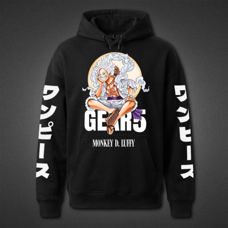 هودی مشکی One Piece طرح Gear 5 sitting on Text